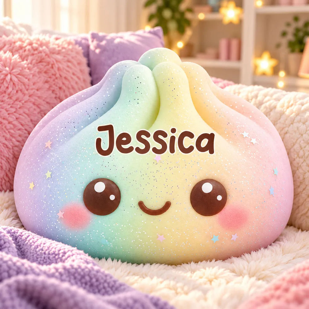 Personalized Rainbow Shaped Pillow, Cute Smiling Character Hugged by a Child, Unique Gift for Kids