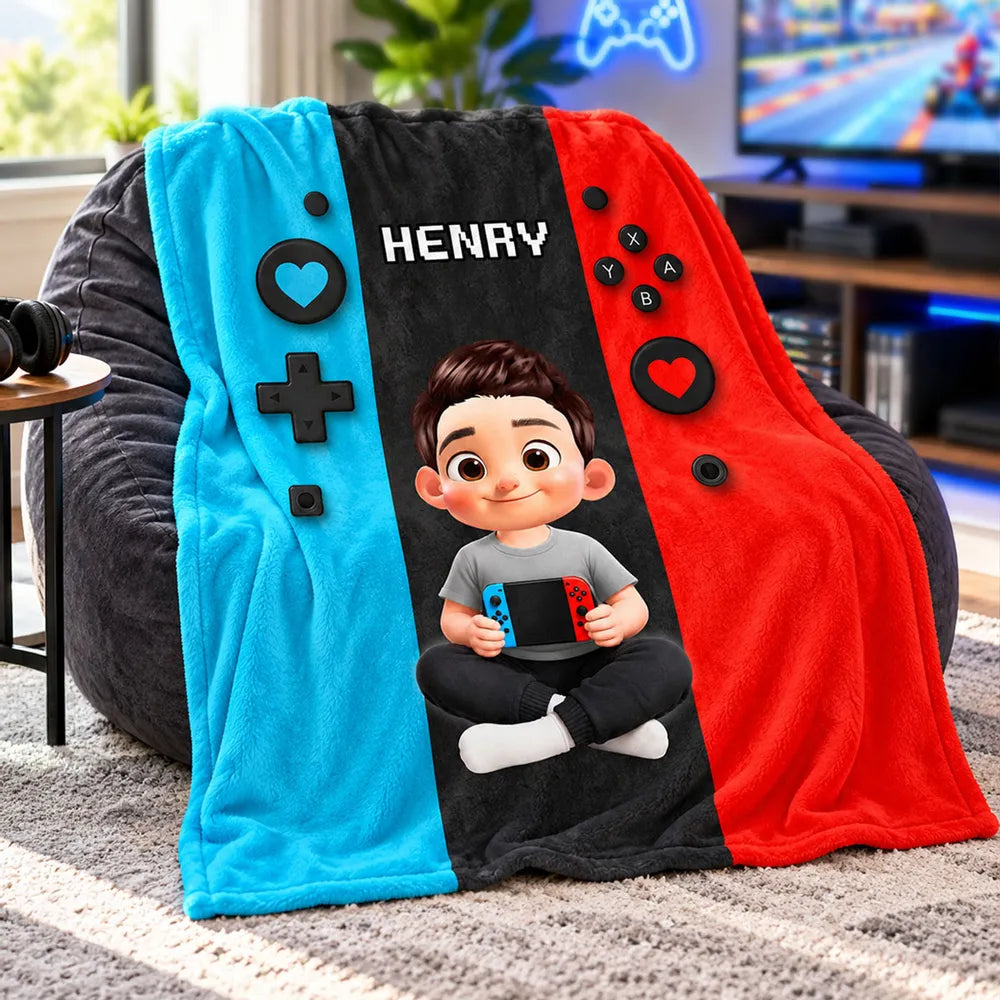 Personalized Fleece Blanket, Young Gamer Holding a Console, Heartfelt Creative Gift for Sons and Grandsons