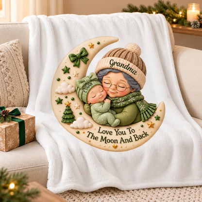 Personalized Square Pillow with Hugging Grandma and Baby on a Christmas Moon, Unique Gift for Grandma