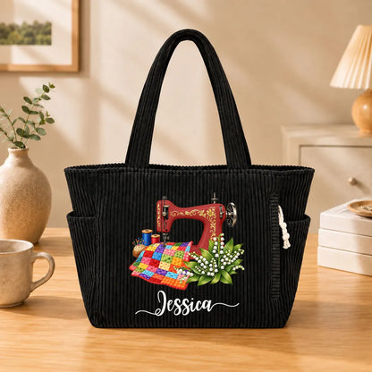 Personalized Corduroy Side Pocket Tote, Floral Sewing Machine Design, Unique Gift for Sewing Lovers