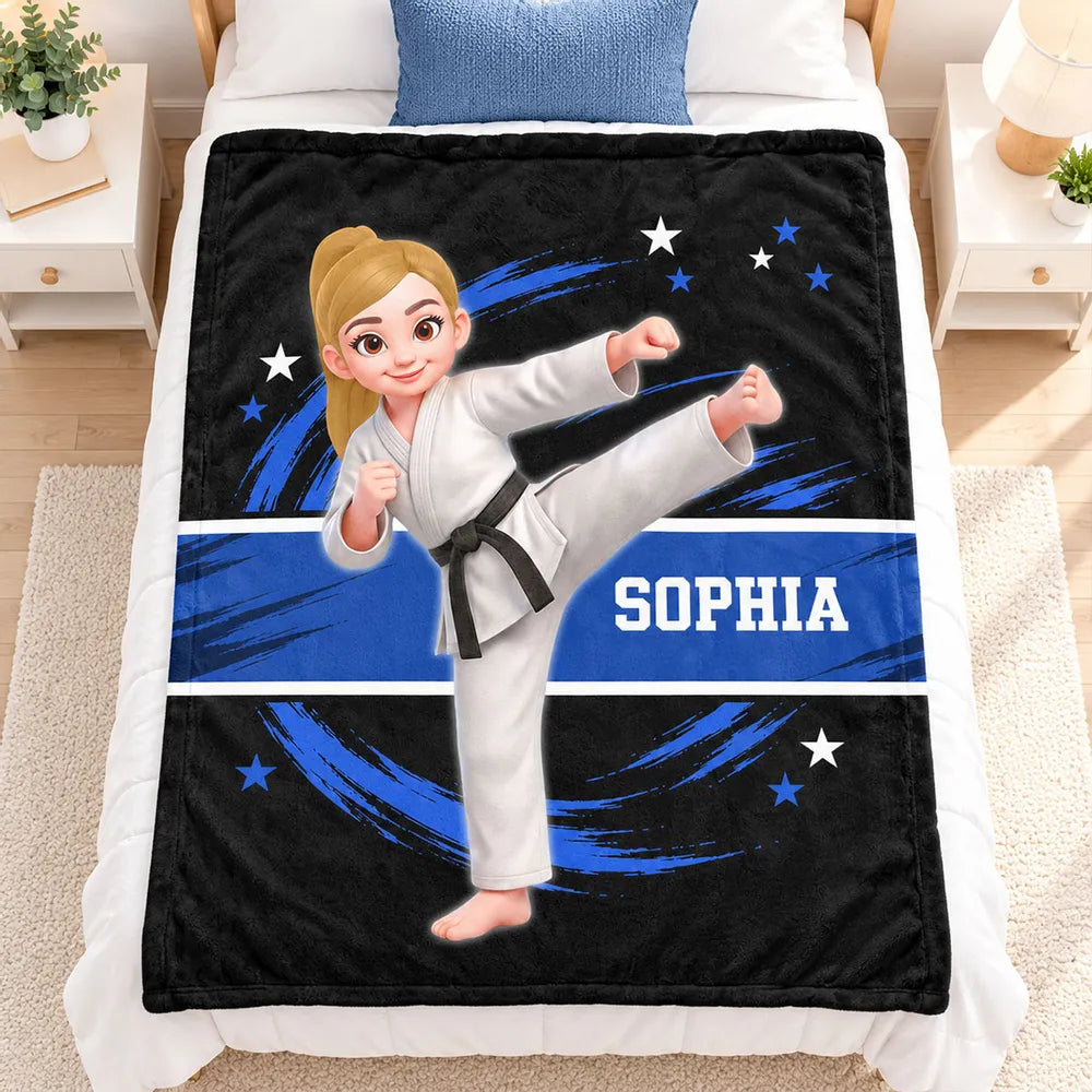 Personalized Fleece Blanket, Karate Kid High Kick in Red and Black, Unique Gift for Son or Daughter