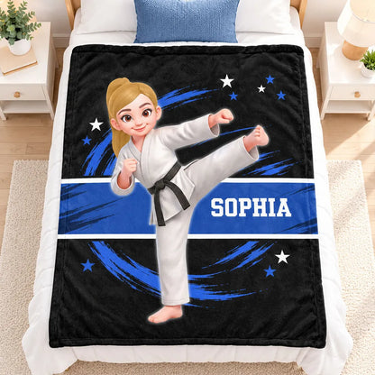 Personalized Fleece Blanket, Karate Kid High Kick in Red and Black, Unique Gift for Son or Daughter