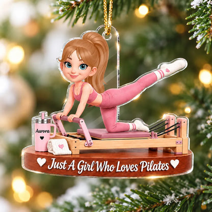 Personalized Acrylic Ornament, Pink Pilates Reformer Girl, Unique Christmas Gift for Wife, Daughter or Friend