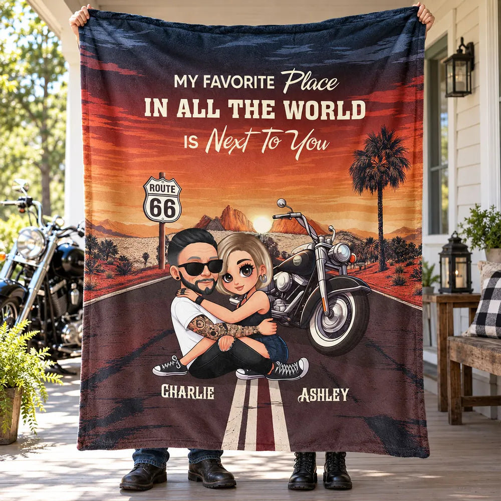 Personalized Fleece Blanket with Hugging Biker Couple at Sunset, Creative Unique Gift for Motorcycle Partners