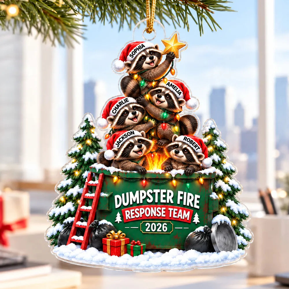 Personalized Acrylic Ornament, Raccoon Squad Around a Dumpster Fire, Unique Christmas Gift for Friends