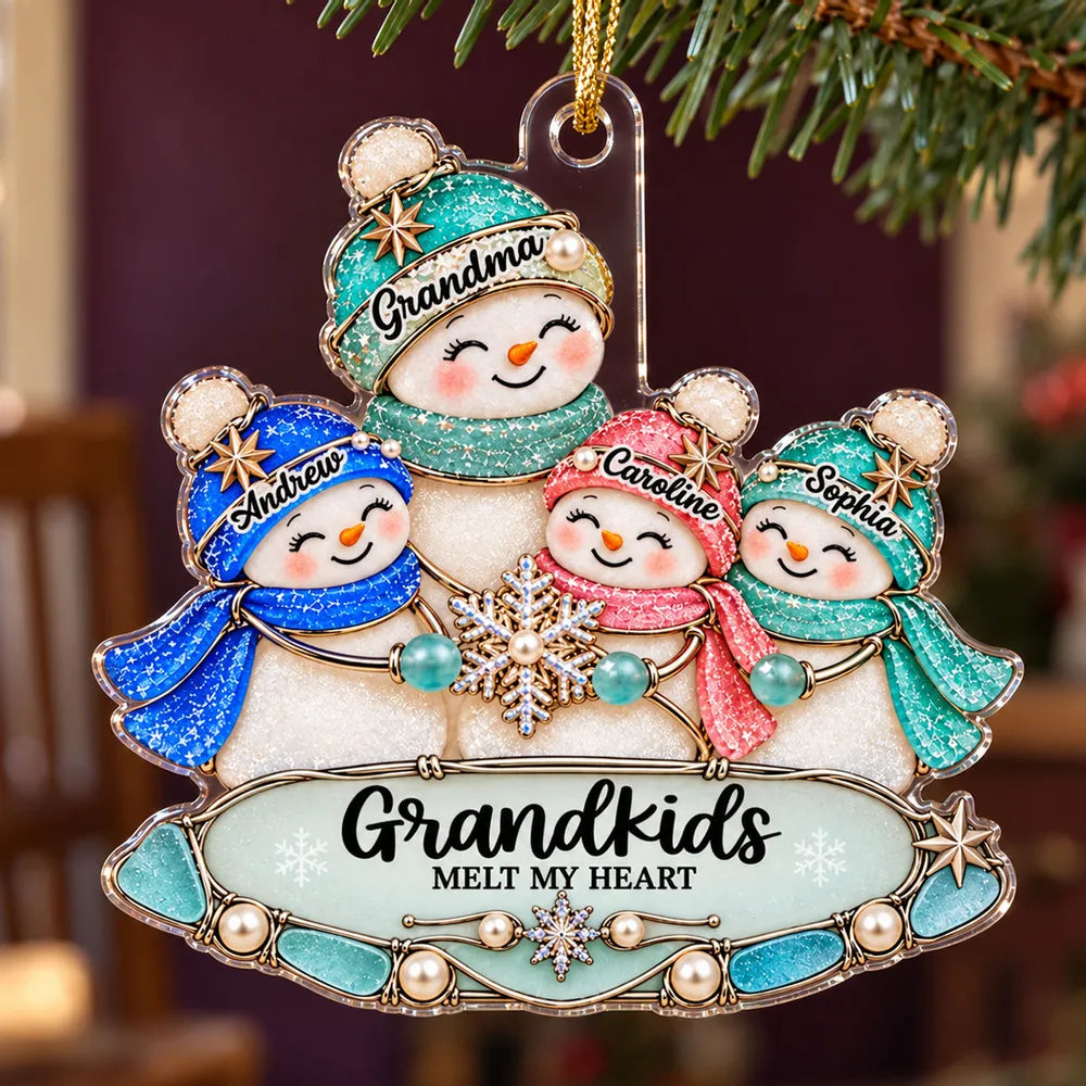 Personalized Acrylic Ornament, Grandma and Grandkids Snowmen Holding a Snowflake, Unique Gift for Grandma