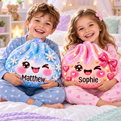 Personalized Shaped Pillow, Cute Winter Character Hugged by Smiling Kids, Unique Gift for a Cozy Bedroom