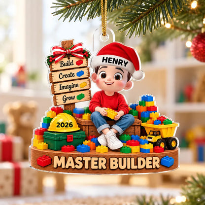 Personalized Acrylic Ornament, Cute Builder Kid Sitting with Blocks, Unique Christmas Gift for Son