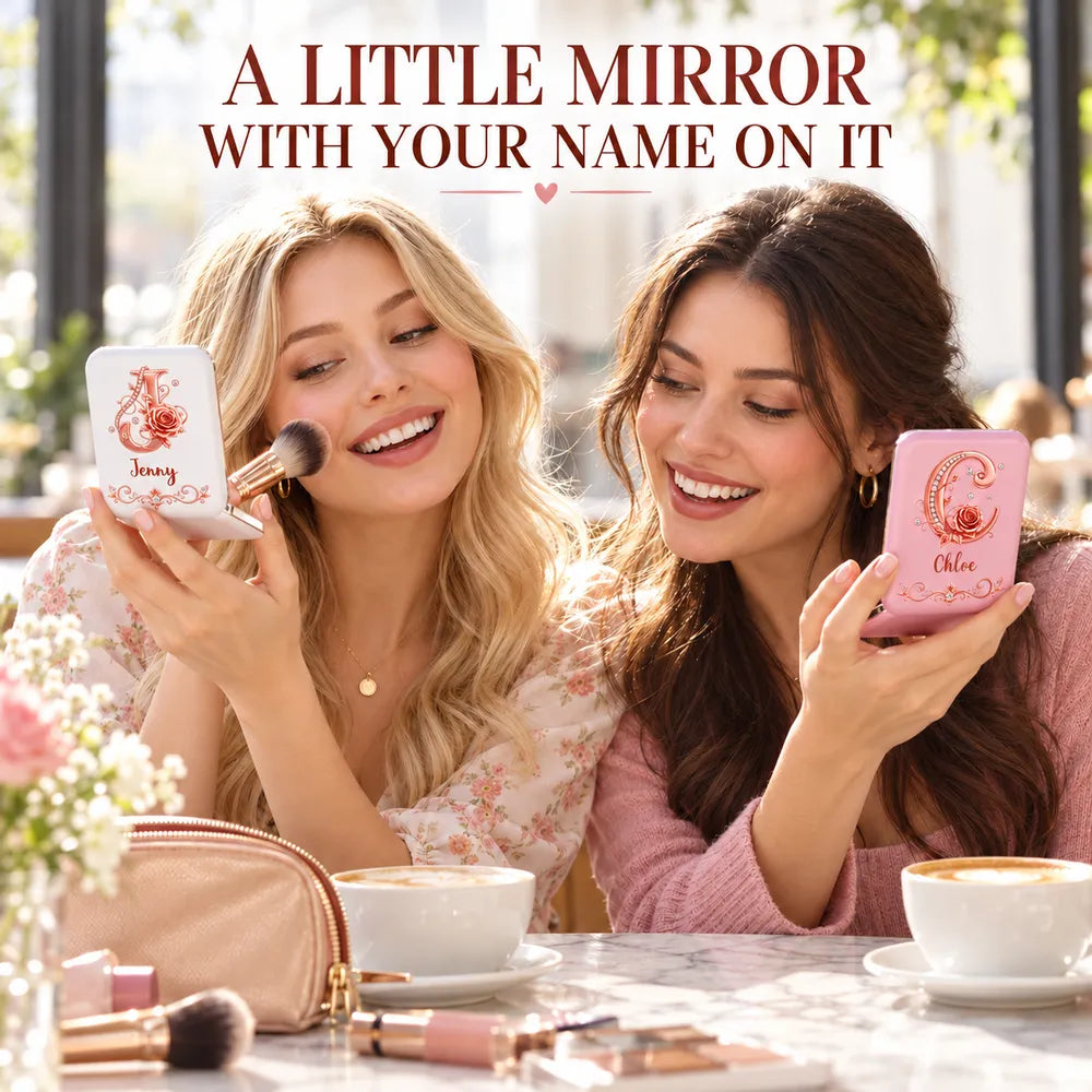 Personalized LED Pocket Mirror, Floral Design for Makeup Touch-Ups at a Sunny Cafe, Unique Gift for Her