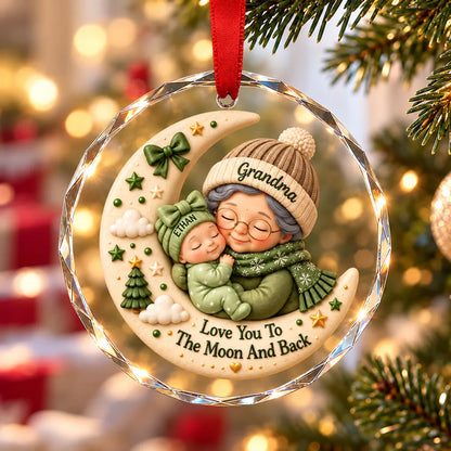 Personalized Square Pillow with Hugging Grandma and Baby on a Christmas Moon, Unique Gift for Grandma