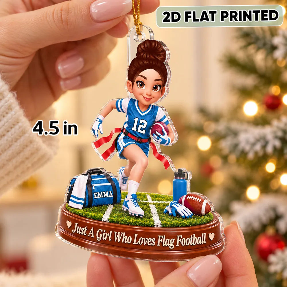 Personalized Acrylic Ornament, Flag Football Girl Running on Field, Unique Christmas Gift for Daughter