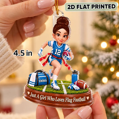 Personalized Acrylic Ornament, Flag Football Girl Running on Field, Unique Christmas Gift for Daughter