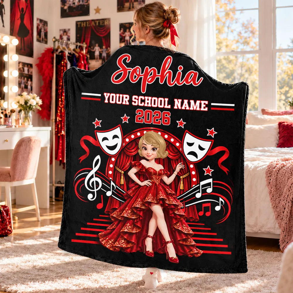 Personalized Fleece Blanket Featuring a Posing Theater Girl on a Red Stage, Unique Gift for Drama Students
