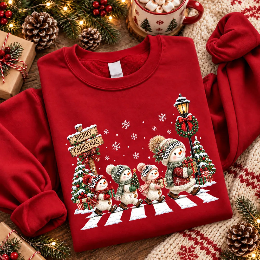 Personalized Sweatshirt, Grandma and Grandkids Walking on a Snowy Street, Unique Christmas Gift for Grandma