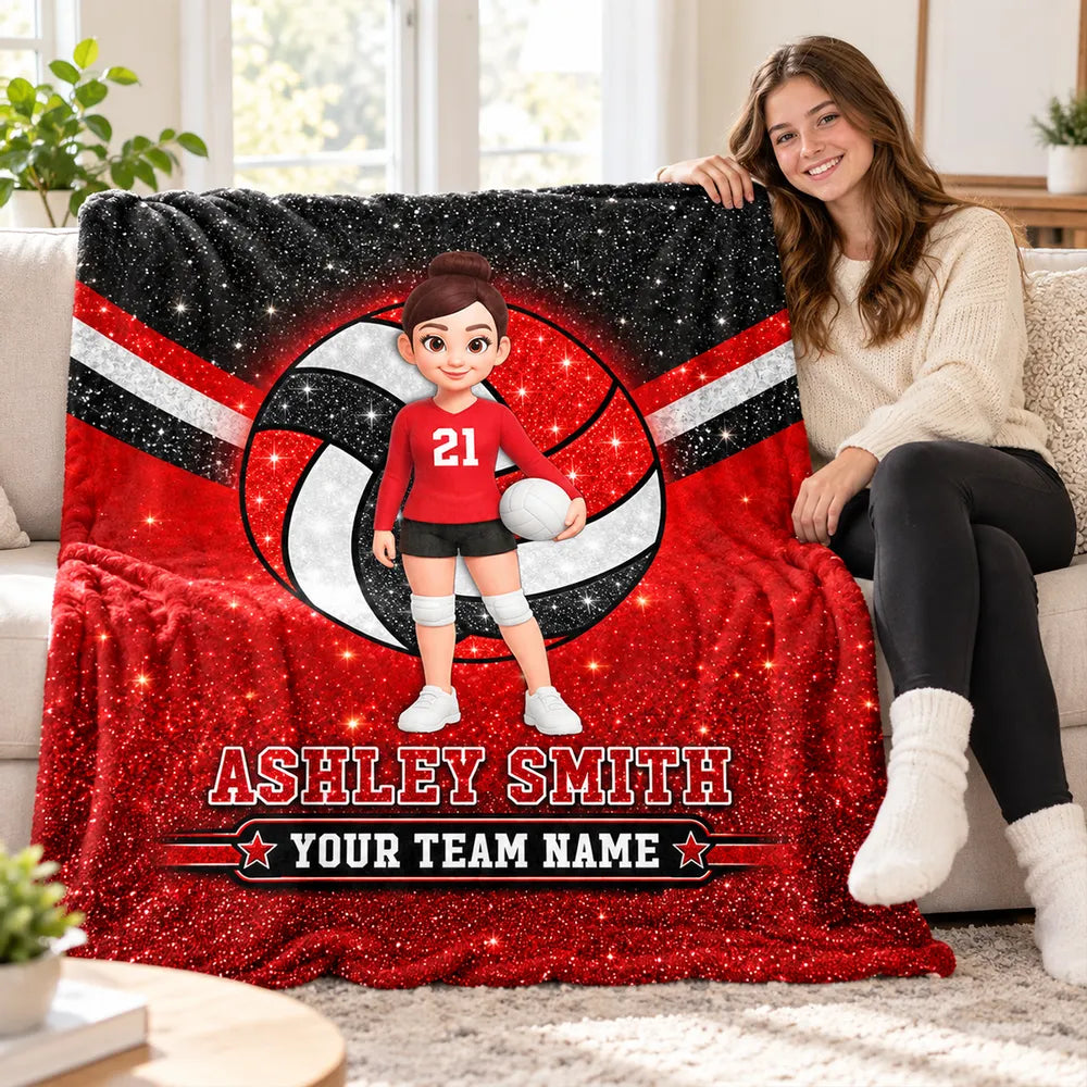 Personalized Fleece Blanket, Cartoon Volleyball Player Holding a Ball, Red Glitter-Look Style, Unique Player Gift