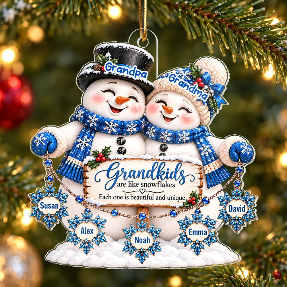Personalized Acrylic Ornament, Grandma and Grandpa Snowmen with Grandkid Snowflakes, Unique Christmas Gift