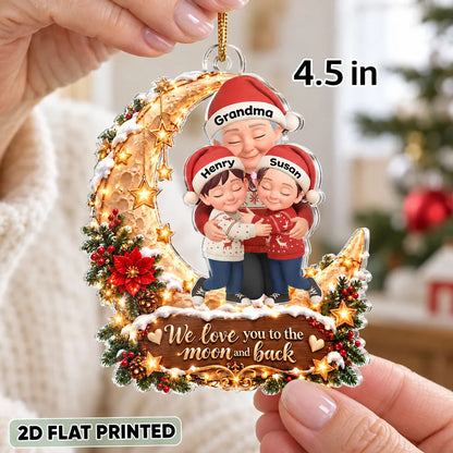 Personalized Acrylic Ornament, Grandma and Grandkids Hugging on a Red and Gold Moon, Unique Christmas Gift