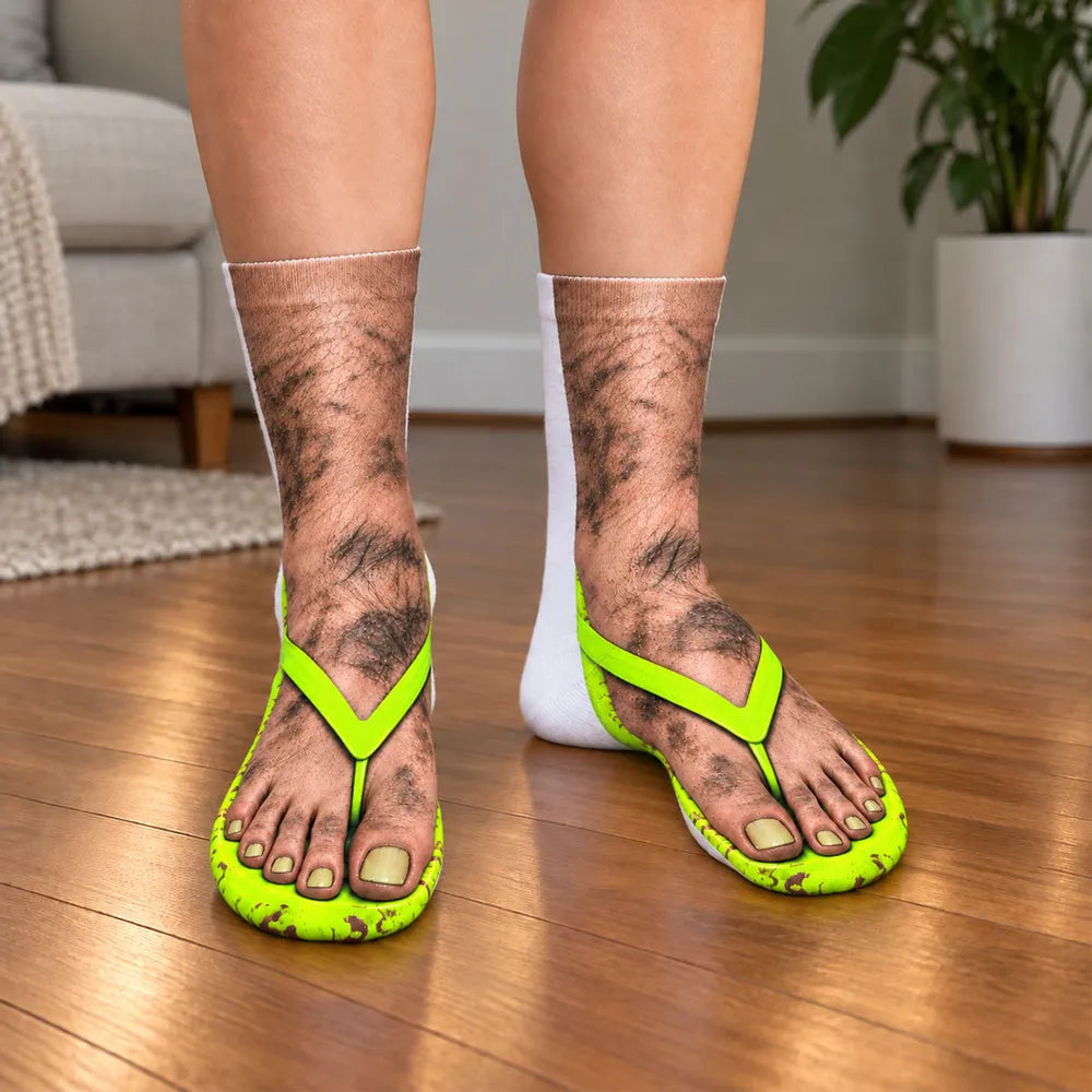 Personalized Crew Socks, Realistic Furry Feet in Green Flip Flops, Creative Gag Gift for Him or Her