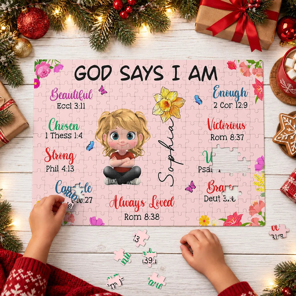 Personalized Wooden Puzzle with Bible Affirmations, Child Assembling Floral Art, Unique Creative Gift for Kids