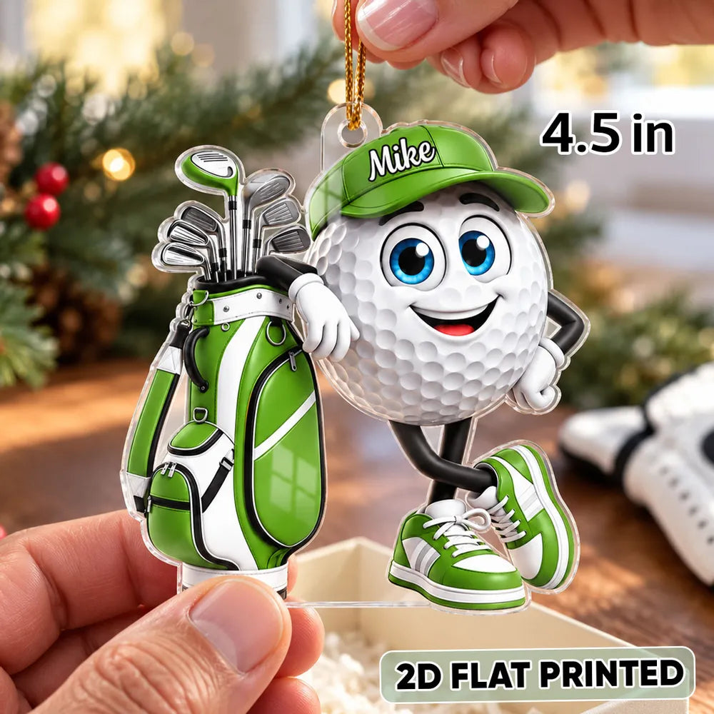 Personalized Acrylic Ornament, Smiling Golf Ball Leaning on Golf Bag, Unique Christmas Gift for Golfers