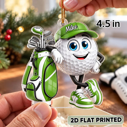 Personalized Acrylic Ornament, Smiling Golf Ball Leaning on Golf Bag, Unique Christmas Gift for Golfers