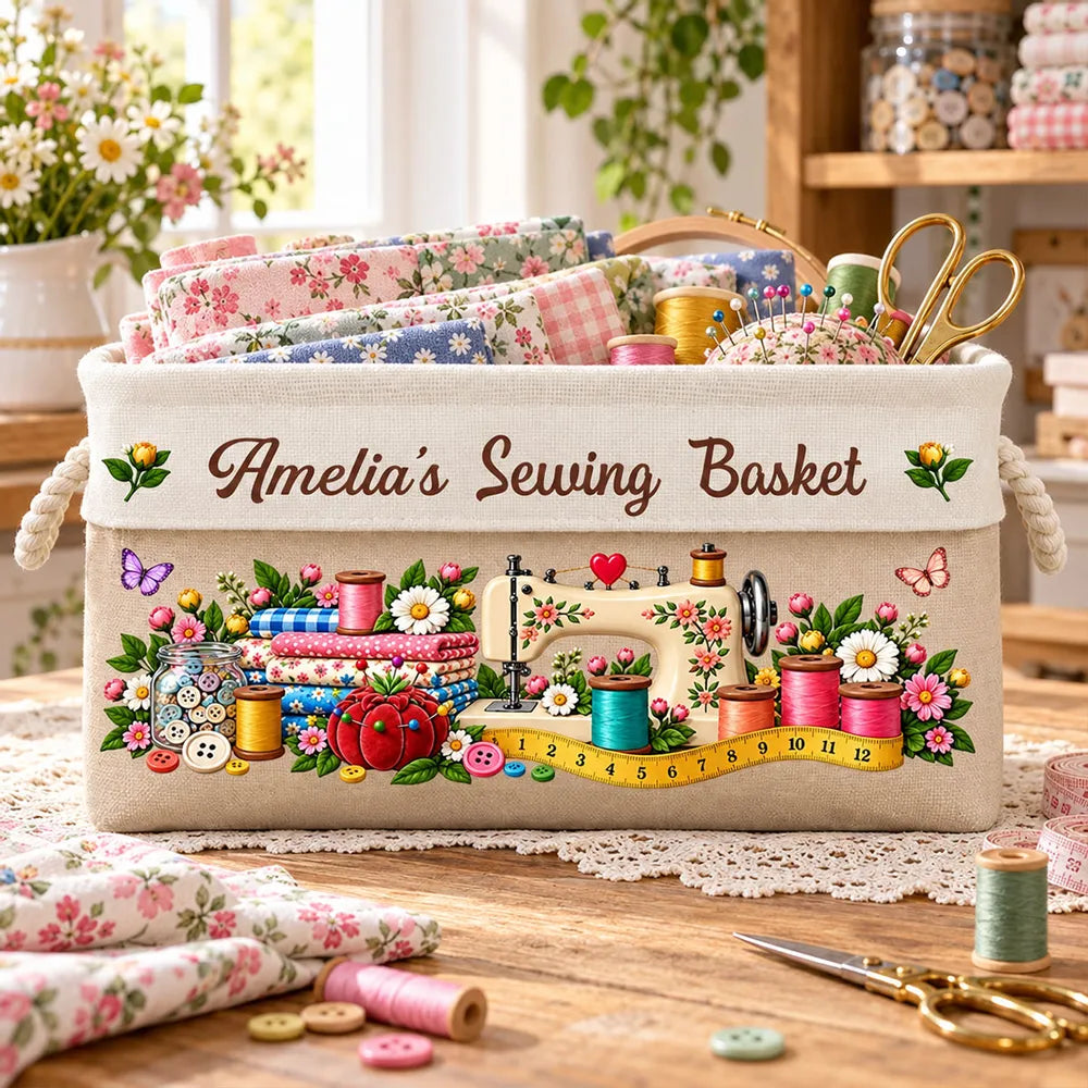 Personalized Cotton Linen Rope Basket, Floral Sewing Design, Unique Gift for Sewers and Crafters