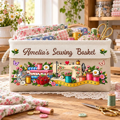 Personalized Cotton Linen Rope Basket, Floral Sewing Design, Unique Gift for Sewers and Crafters