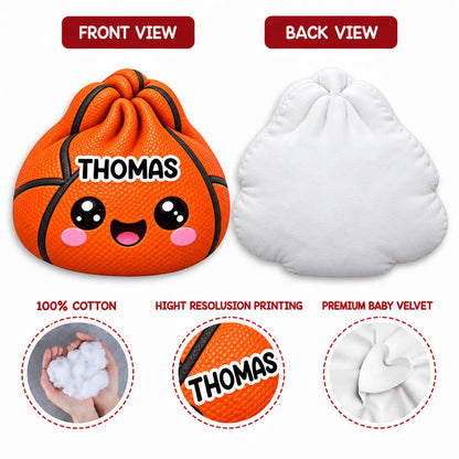 Personalized Sports Ball Shaped Pillow, Hugged by a Smiling Child on a Cozy Sofa, Unique Gift for Sports Fans