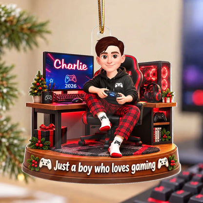 Personalized Acrylic Ornament, Red and Black Cartoon Boy Gaming at Desk, Unique Christmas Gift for Son