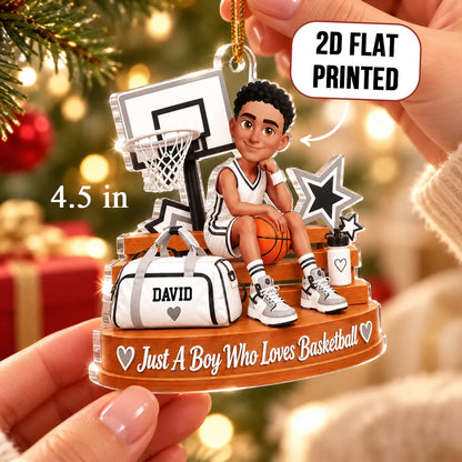 Personalized Acrylic Ornament, Cartoon Boy Sitting with Basketball in Gym, Unique Christmas Gift for Son