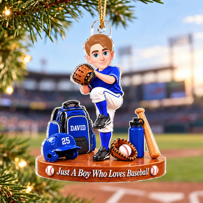 Personalized Baseball Boy Acrylic Ornament, Blue Pitching Player Christmas Decor, Unique Gift for Son