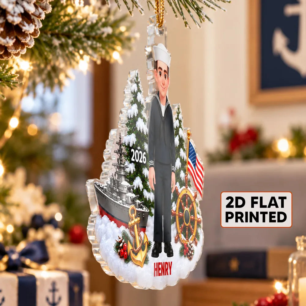 Personalized Acrylic Ornament, Standing Cartoon Navy Sailor in Snowy Scene, Unique Christmas Gift for Service Members