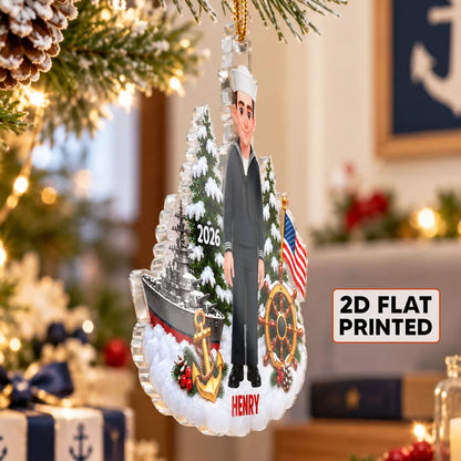 Personalized Acrylic Ornament, Standing Cartoon Navy Sailor in Snowy Scene, Unique Christmas Gift for Service Members