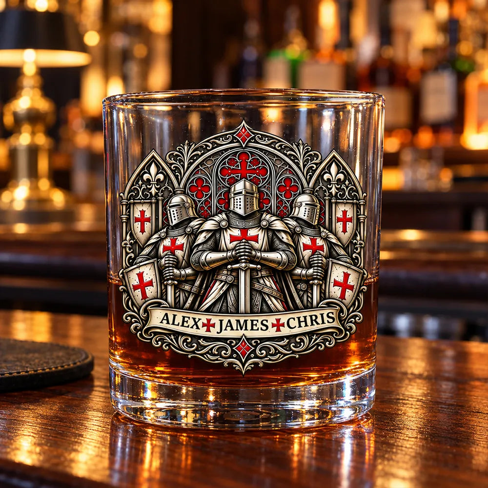 Personalized Whiskey Glass with Armored Knights, Unique Gift for Brother in Red, Black and Gold