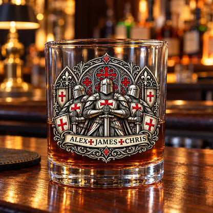 Personalized Whiskey Glass with Armored Knights, Unique Gift for Brother in Red, Black and Gold