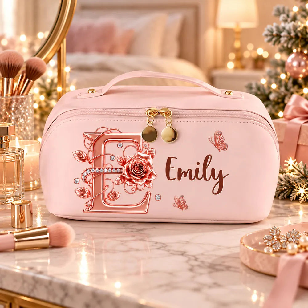 Personalized Leather Makeup Bag, Blush Rose and Butterfly Design, Unique Gift for Her