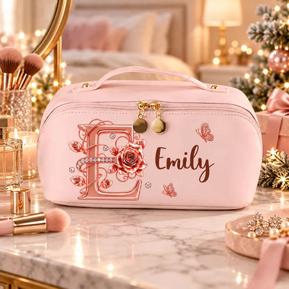 Personalized Leather Makeup Bag, Blush Rose and Butterfly Design, Unique Gift for Her