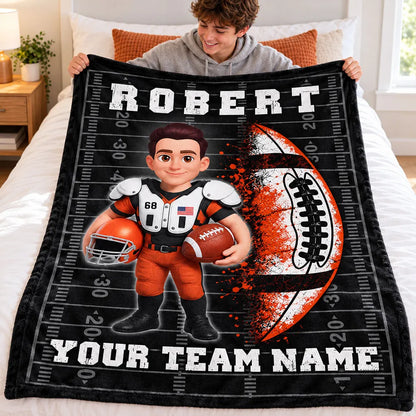 Personalized Fleece Blanket, Cartoon Football Player Holding a Ball, Unique Gift for Son or Grandson