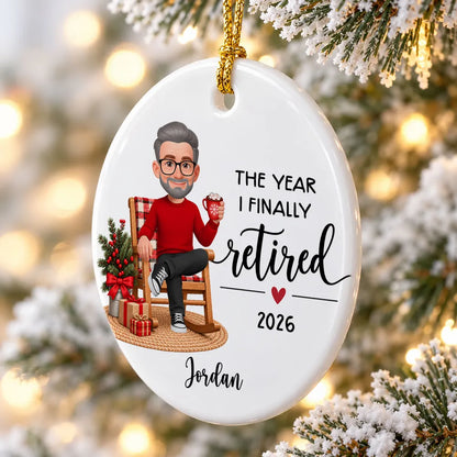 Personalized Ceramic Ornament, Retired Woman Holding a Mug in a Christmas Rocking Chair Scene, Unique Gift