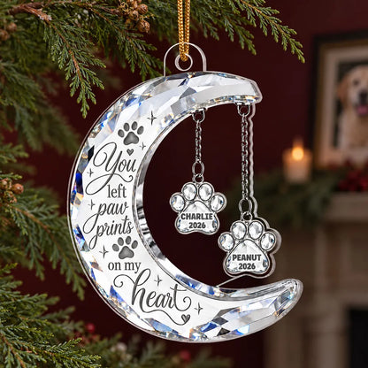 Personalized Acrylic Ornament, Faceted Moon & Paw Memorial on an Evergreen, Unique Gift for Pet Owners
