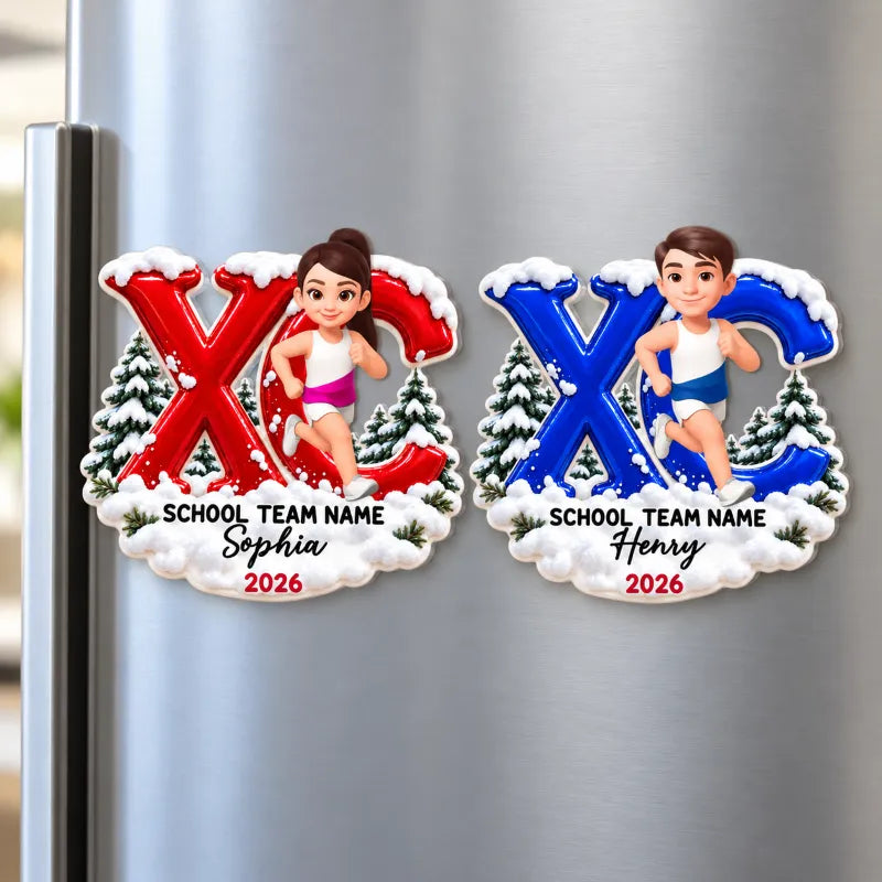 Personalized Acrylic Magnet, Running Girl in Snowy Pines, Unique Cross Country Gift for Runners