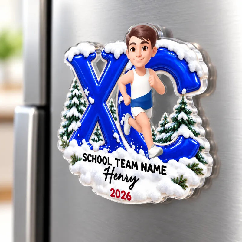 Personalized Acrylic Magnet, Running Girl in Snowy Pines, Unique Cross Country Gift for Runners