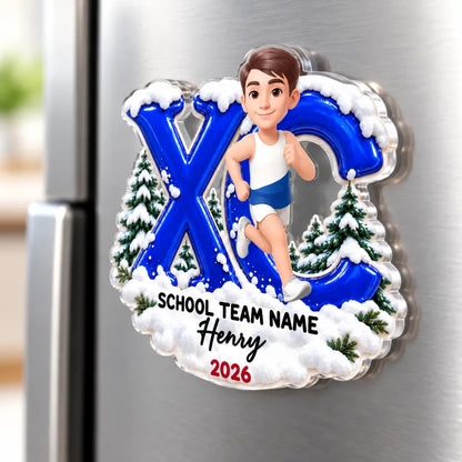 Personalized Acrylic Magnet, Running Girl in Snowy Pines, Unique Cross Country Gift for Runners