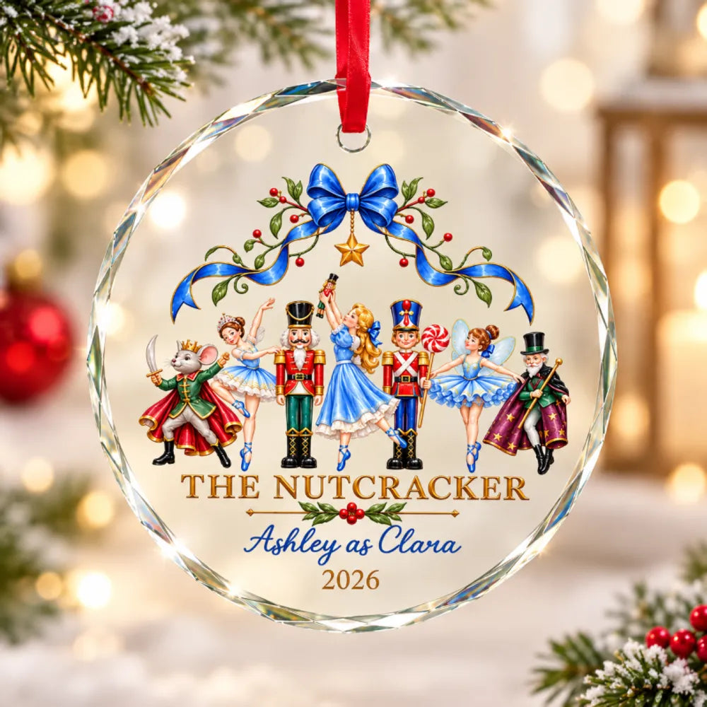Personalized Nutcracker Crystal Ornament, Ballet Dancers Beneath a Blue Bow, Unique Christmas Gift for Dancers