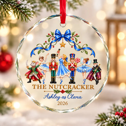 Personalized Nutcracker Crystal Ornament, Ballet Dancers Beneath a Blue Bow, Unique Christmas Gift for Dancers