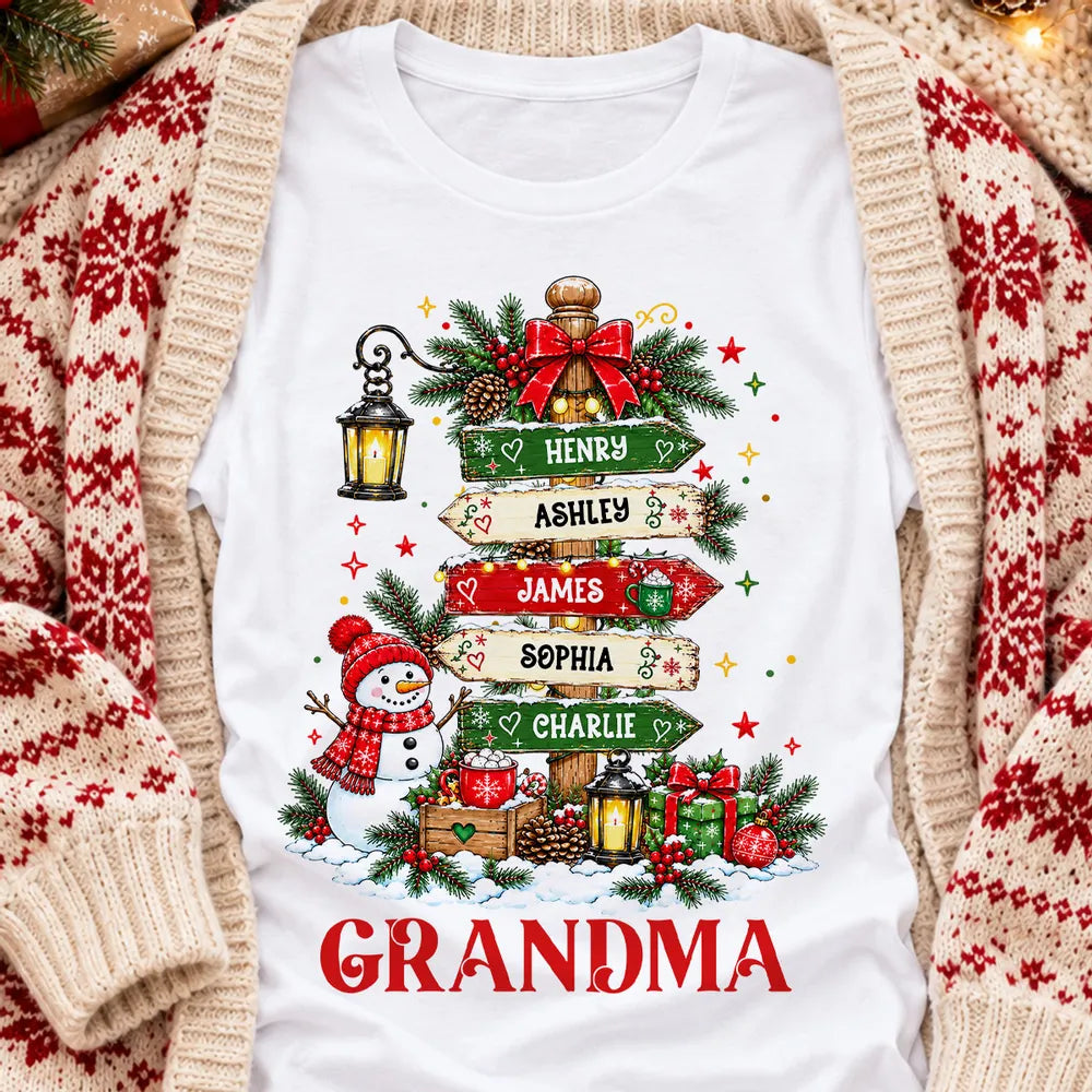 Personalized Grandma Classic Tee, Christmas Signpost Art in Festive Red & Green, Unique Gift for Grandma