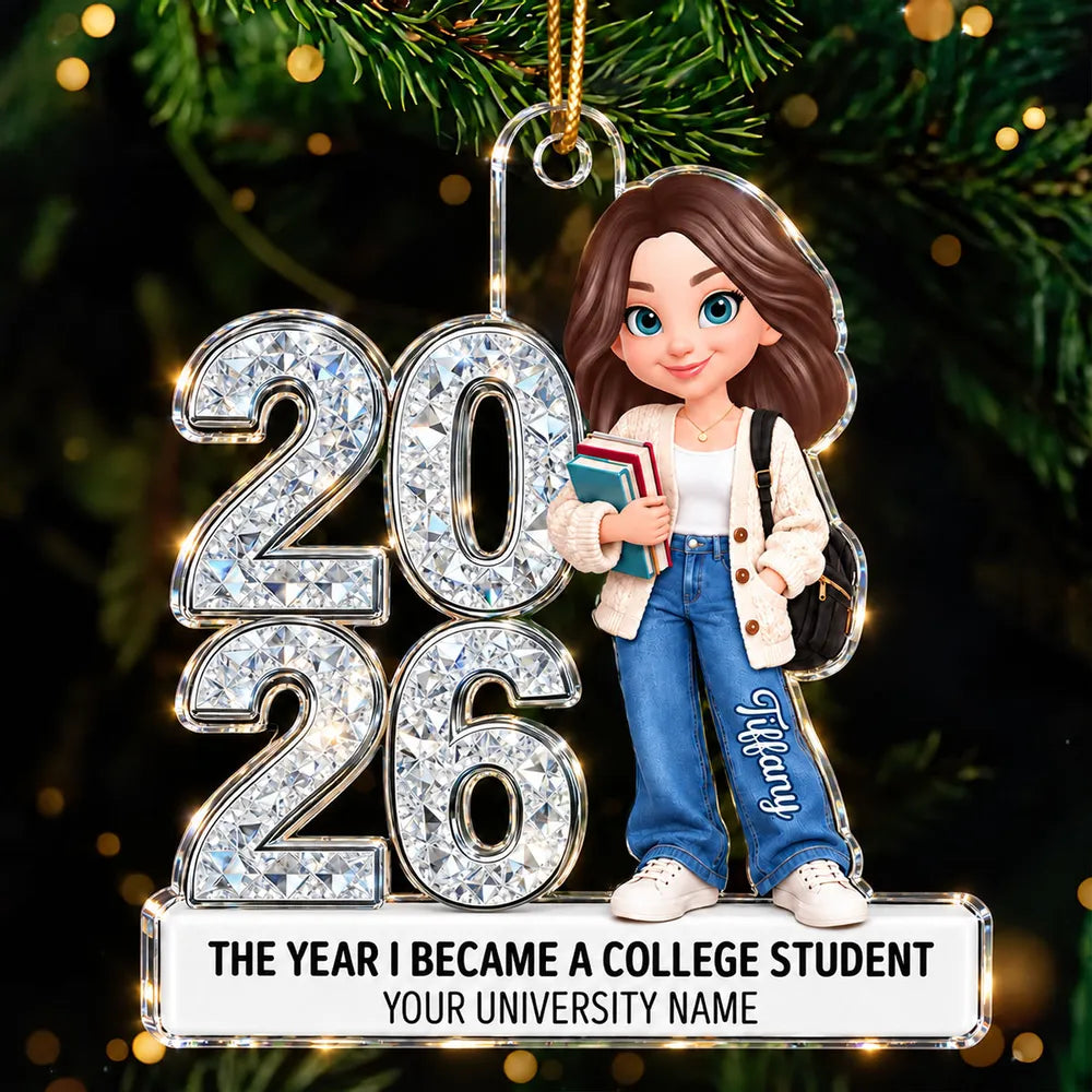 Personalized Acrylic Ornament, College Student Holding Books, Unique Christmas Gift for Freshman