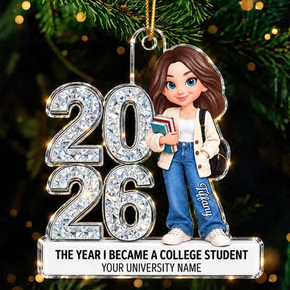 Personalized Acrylic Ornament, College Student Holding Books, Unique Christmas Gift for Freshman