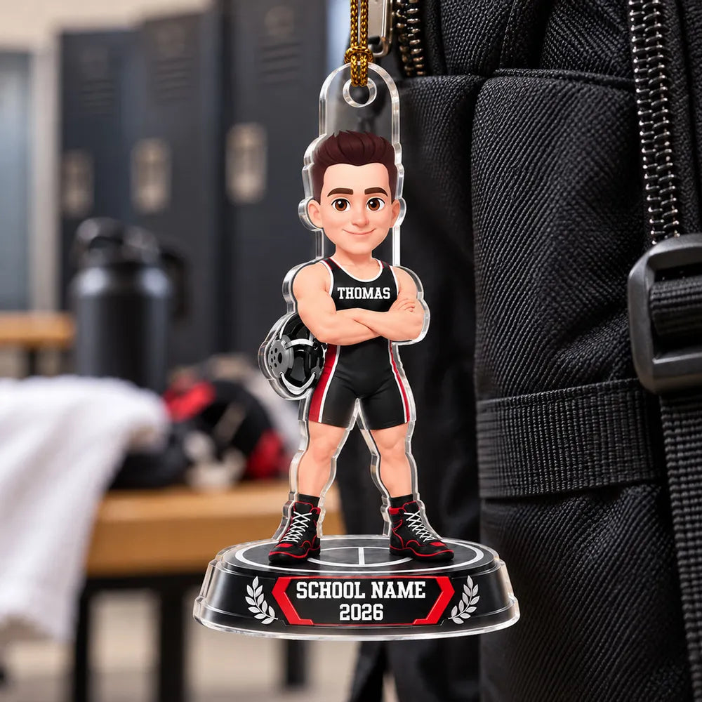 Personalized Acrylic Ornament, Black and Red Cartoon Wrestler Holding Headgear, Unique Christmas Gift for Grandchildren