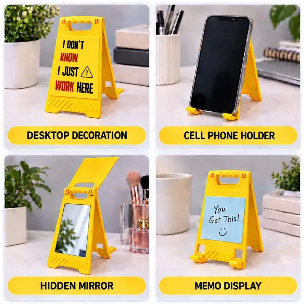 Personalized Warning Sign Phone Stand, Bright Yellow Office Desk Accent, Unique Gift for Coworker